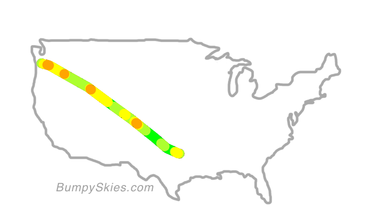 Map of continental US with illustrated flight path and turbulence forecast (described in text below)