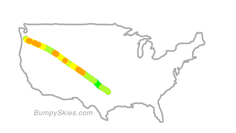 Map of continental US with illustrated flight path and turbulence forecast (described in text below)