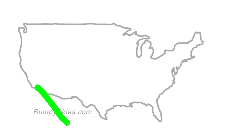 Map of continental US with illustrated flight path and turbulence forecast (described in text below)