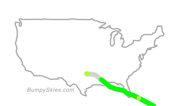 Map of continental US with illustrated flight path and turbulence forecast (described in text below)