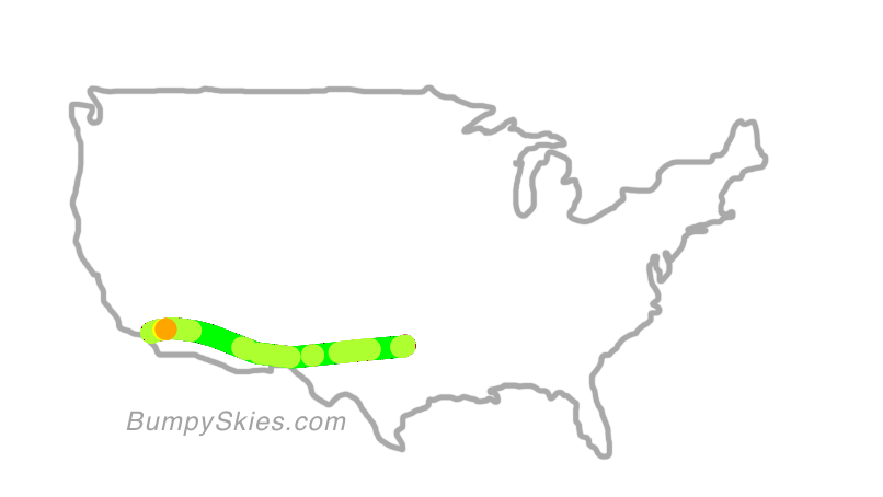 Map of continental US with illustrated flight path and turbulence forecast (described in text below)