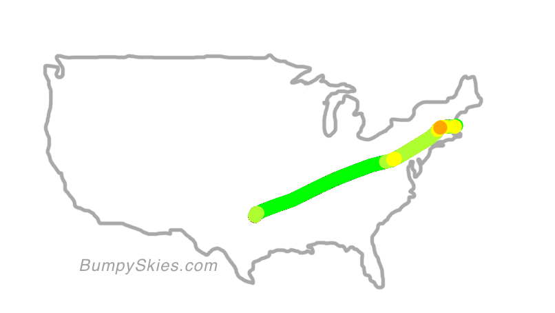 Map of continental US with illustrated flight path and turbulence forecast (described in text below)