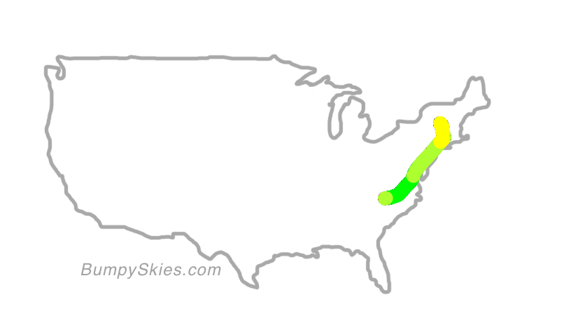 Map of continental US with illustrated flight path and turbulence forecast (described in text below)