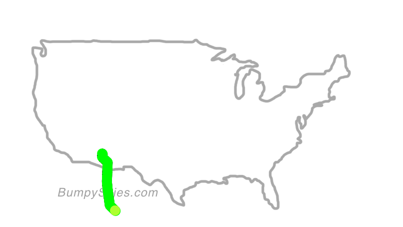 Map of continental US with illustrated flight path and turbulence forecast (described in text below)