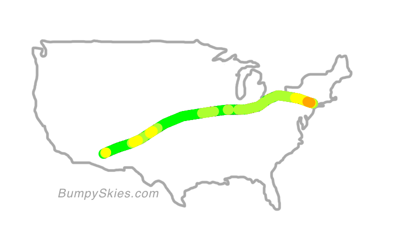 Map of continental US with illustrated flight path and turbulence forecast (described in text below)