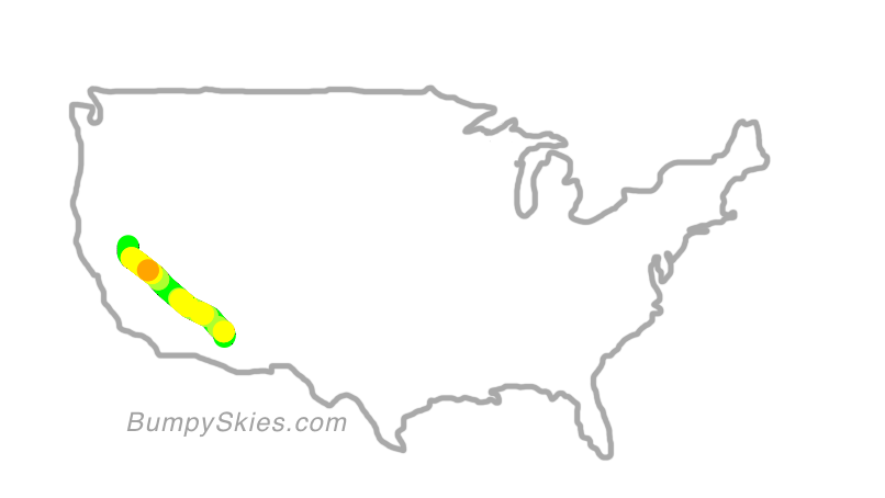 Map of continental US with illustrated flight path and turbulence forecast (described in text below)