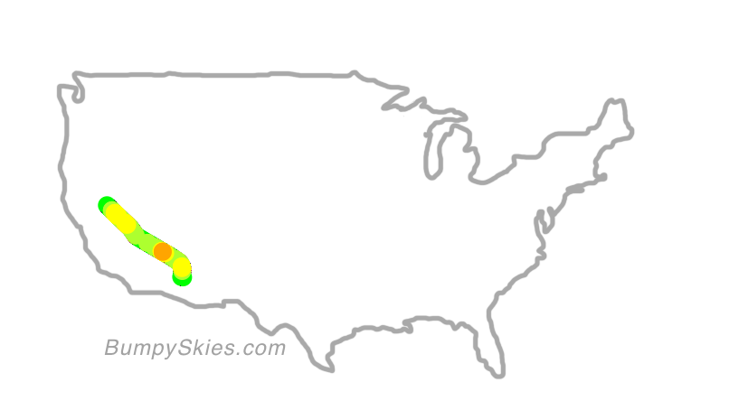 Map of continental US with illustrated flight path and turbulence forecast (described in text below)