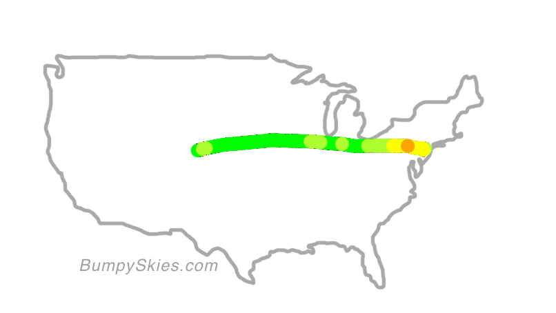 Map of continental US with illustrated flight path and turbulence forecast (described in text below)