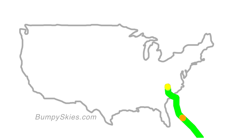 Map of continental US with illustrated flight path and turbulence forecast (described in text below)