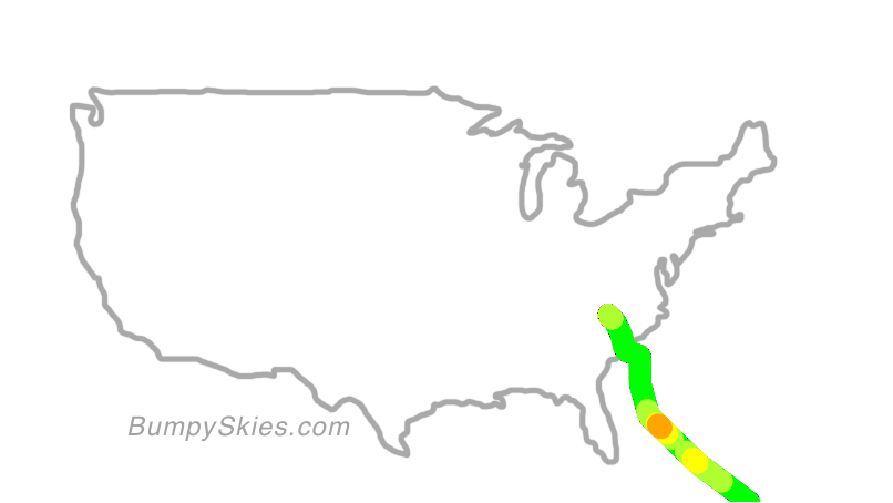 Map of continental US with illustrated flight path and turbulence forecast (described in text below)