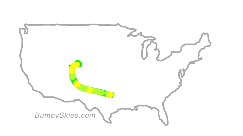 Map of continental US with illustrated flight path and turbulence forecast (described in text below)