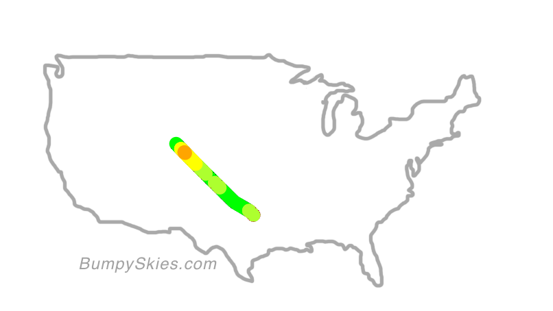 Map of continental US with illustrated flight path and turbulence forecast (described in text below)