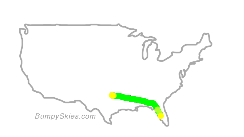 Map of continental US with illustrated flight path and turbulence forecast (described in text below)