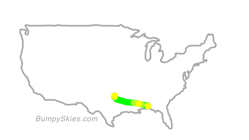Map of continental US with illustrated flight path and turbulence forecast (described in text below)