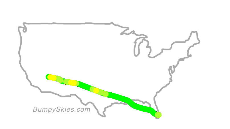 Map of continental US with illustrated flight path and turbulence forecast (described in text below)