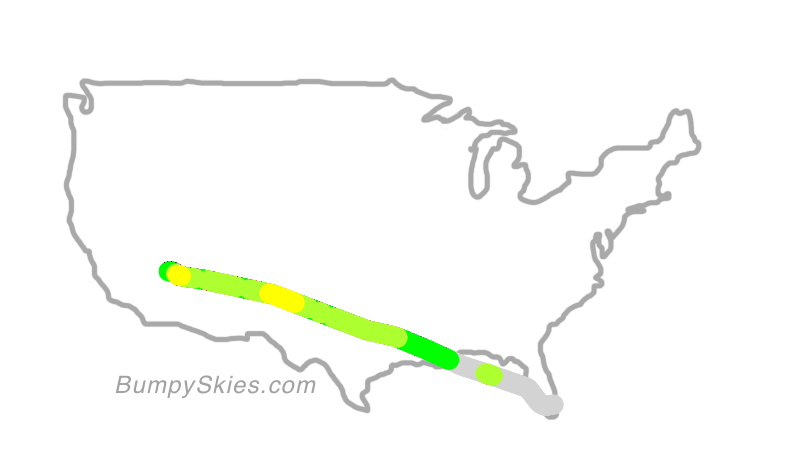 Map of continental US with illustrated flight path and turbulence forecast (described in text below)