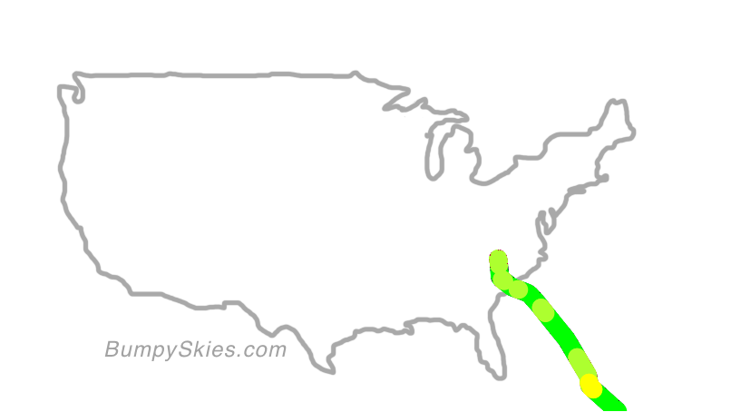 Map of continental US with illustrated flight path and turbulence forecast (described in text below)