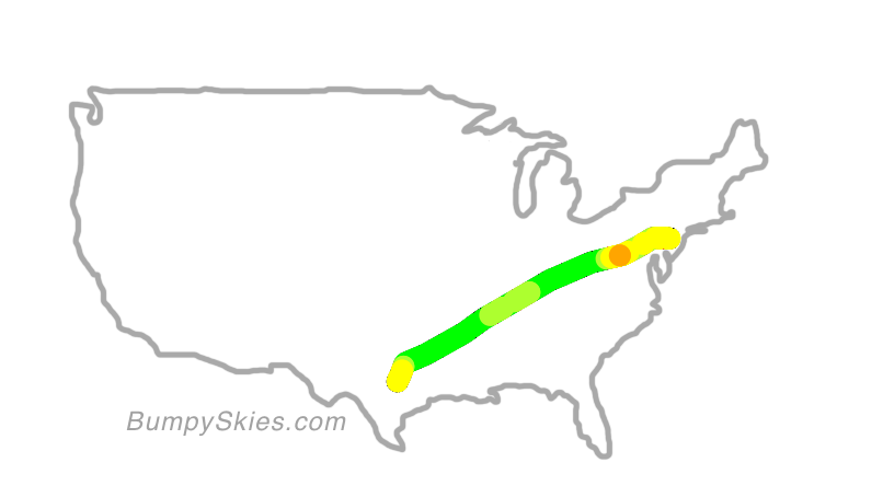 Map of continental US with illustrated flight path and turbulence forecast (described in text below)