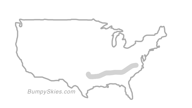 Map of continental US with illustrated flight path and turbulence forecast (described in text below)