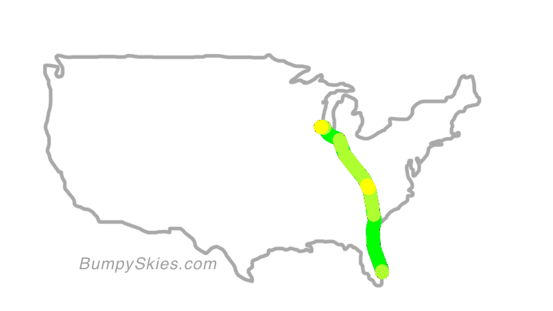 Map of continental US with illustrated flight path and turbulence forecast (described in text below)