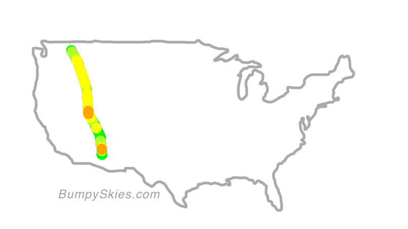 Map of continental US with illustrated flight path and turbulence forecast (described in text below)