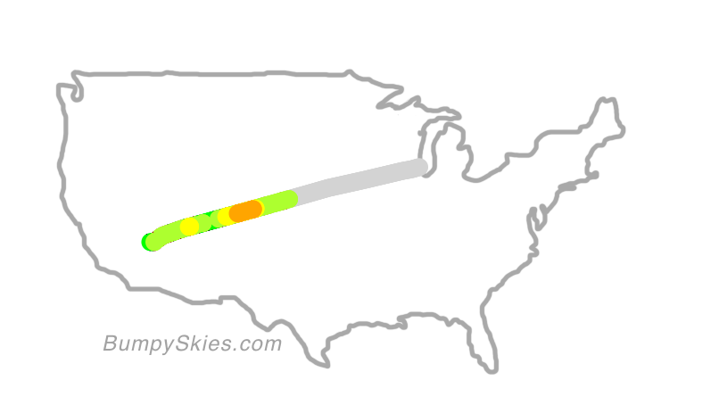 Map of continental US with illustrated flight path and turbulence forecast (described in text below)