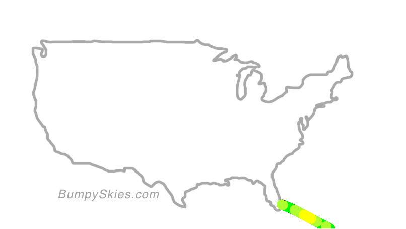 Map of continental US with illustrated flight path and turbulence forecast (described in text below)