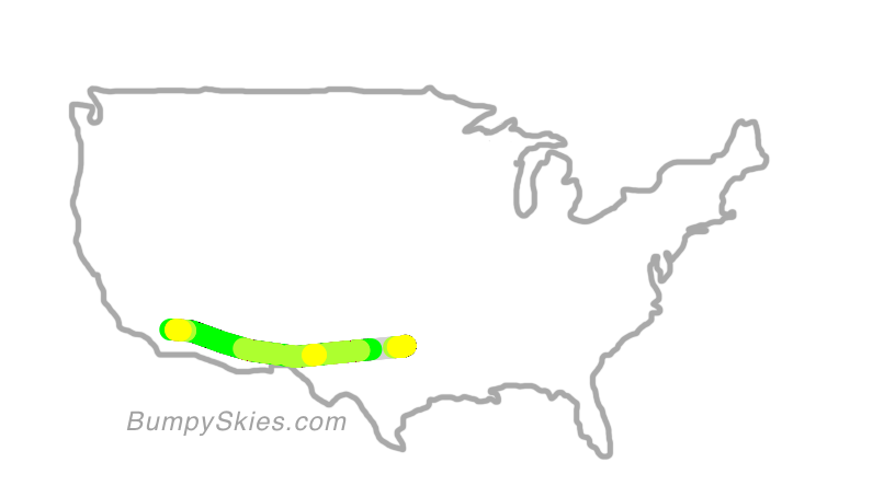 Map of continental US with illustrated flight path and turbulence forecast (described in text below)