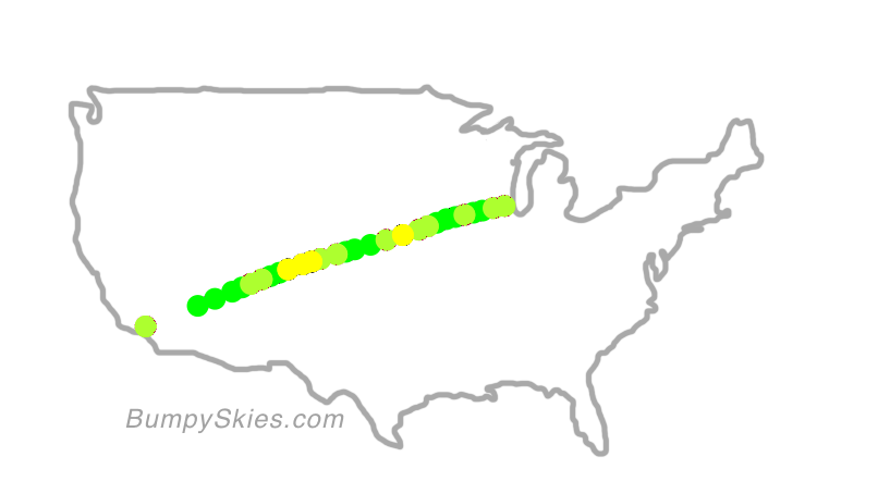 Map of continental US with illustrated flight path and turbulence forecast (described in text below)