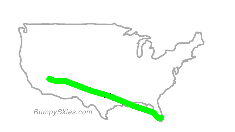 Map of continental US with illustrated flight path and turbulence forecast (described in text below)