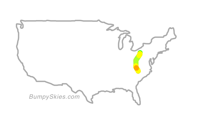 Map of continental US with illustrated flight path and turbulence forecast (described in text below)