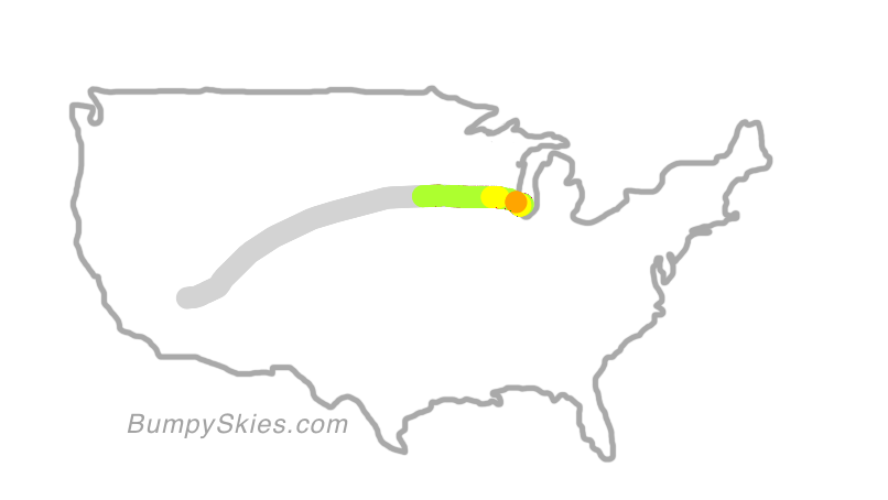 Map of continental US with illustrated flight path and turbulence forecast (described in text below)