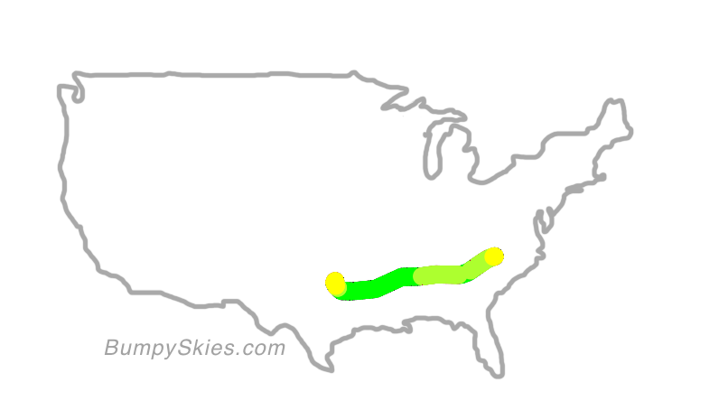 Map of continental US with illustrated flight path and turbulence forecast (described in text below)