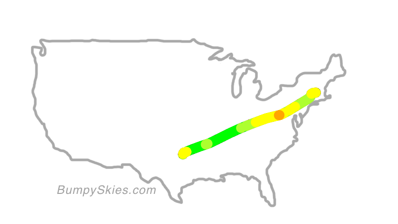 Map of continental US with illustrated flight path and turbulence forecast (described in text below)