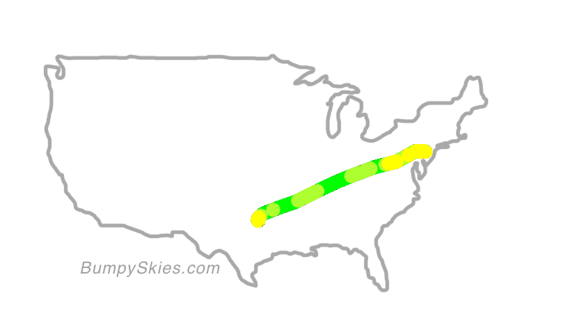 Map of continental US with illustrated flight path and turbulence forecast (described in text below)