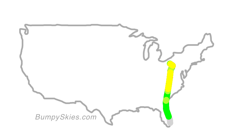 Map of continental US with illustrated flight path and turbulence forecast (described in text below)
