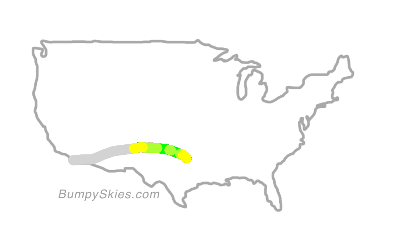 Map of continental US with illustrated flight path and turbulence forecast (described in text below)