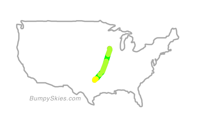 Map of continental US with illustrated flight path and turbulence forecast (described in text below)