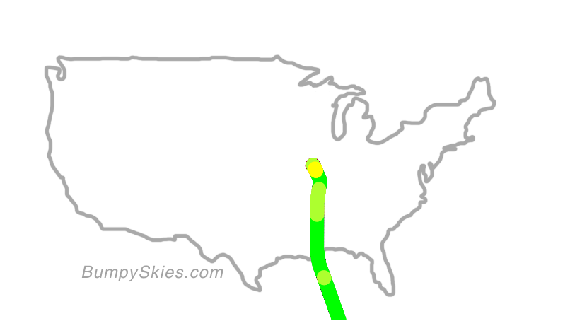 Map of continental US with illustrated flight path and turbulence forecast (described in text below)