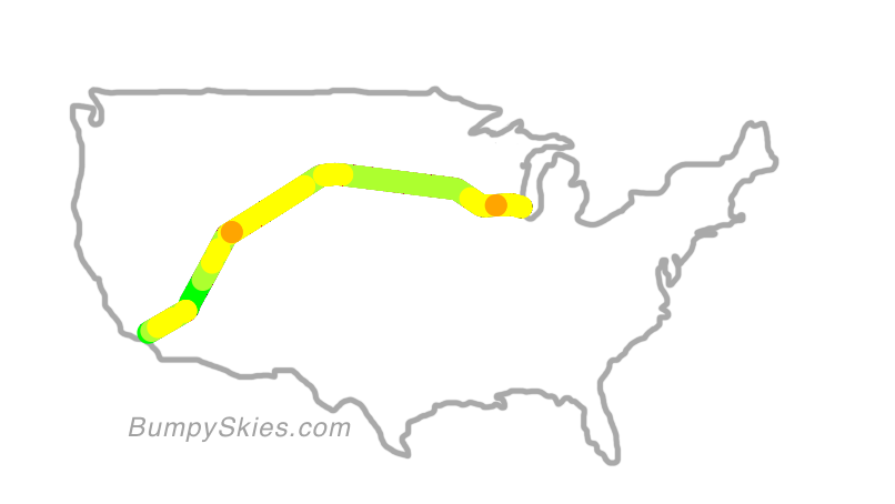 Map of continental US with illustrated flight path and turbulence forecast (described in text below)