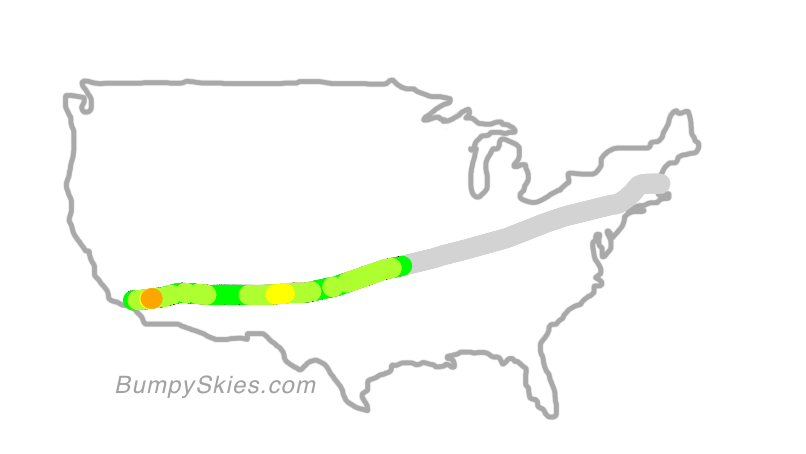 Map of continental US with illustrated flight path and turbulence forecast (described in text below)