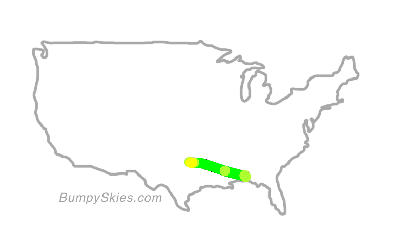 Map of continental US with illustrated flight path and turbulence forecast (described in text below)