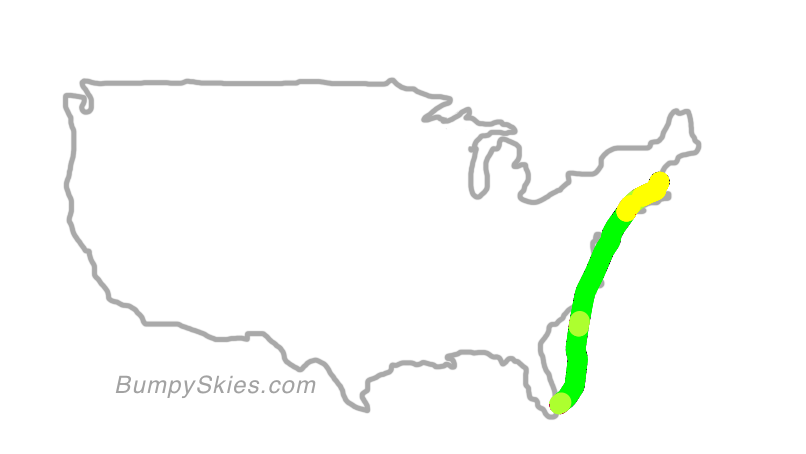 Map of continental US with illustrated flight path and turbulence forecast (described in text below)