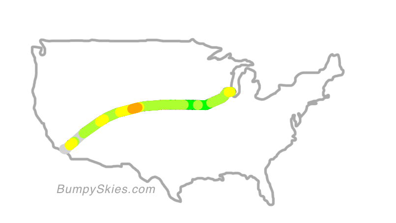 Map of continental US with illustrated flight path and turbulence forecast (described in text below)