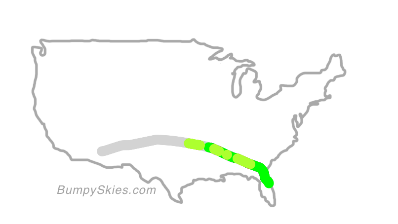 Map of continental US with illustrated flight path and turbulence forecast (described in text below)