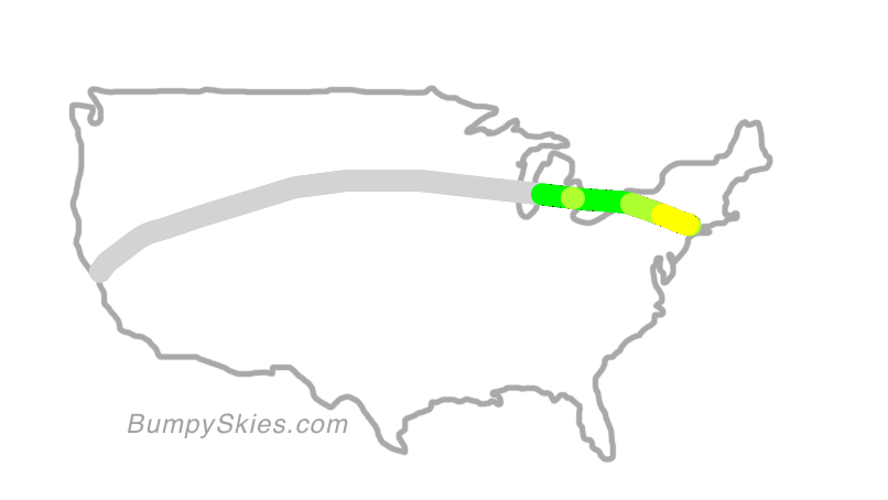 Map of continental US with illustrated flight path and turbulence forecast (described in text below)