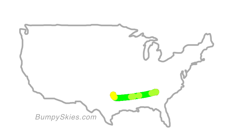 Map of continental US with illustrated flight path and turbulence forecast (described in text below)