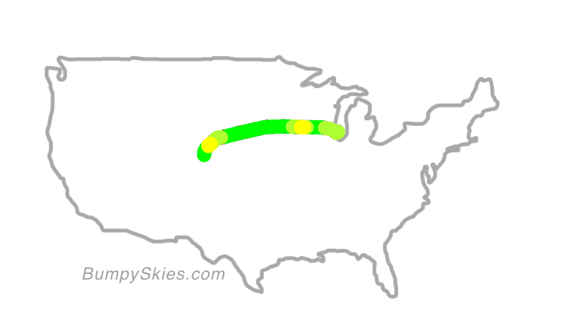 Map of continental US with illustrated flight path and turbulence forecast (described in text below)