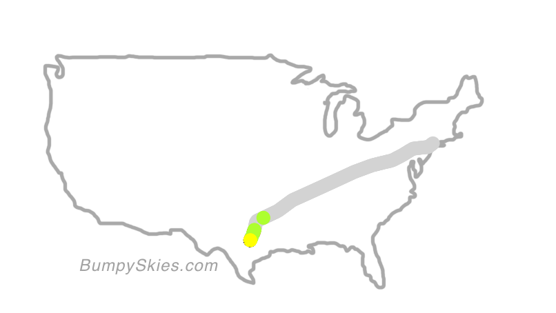 Map of continental US with illustrated flight path and turbulence forecast (described in text below)