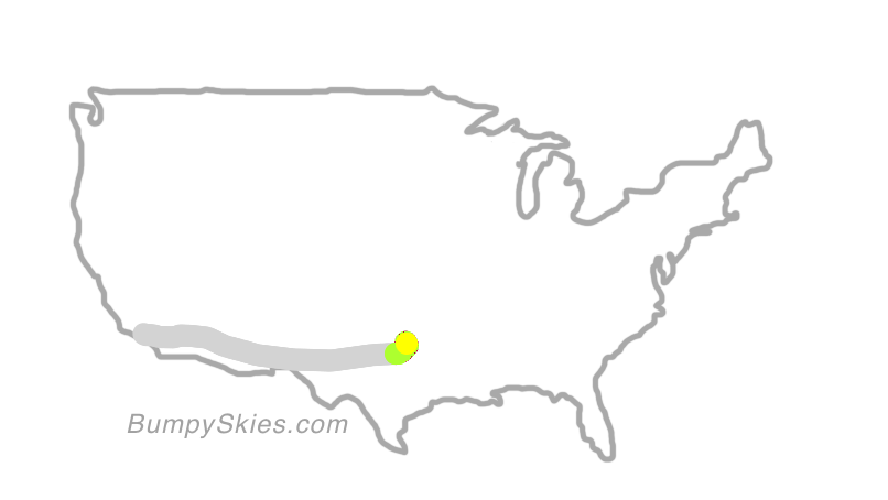 Map of continental US with illustrated flight path and turbulence forecast (described in text below)